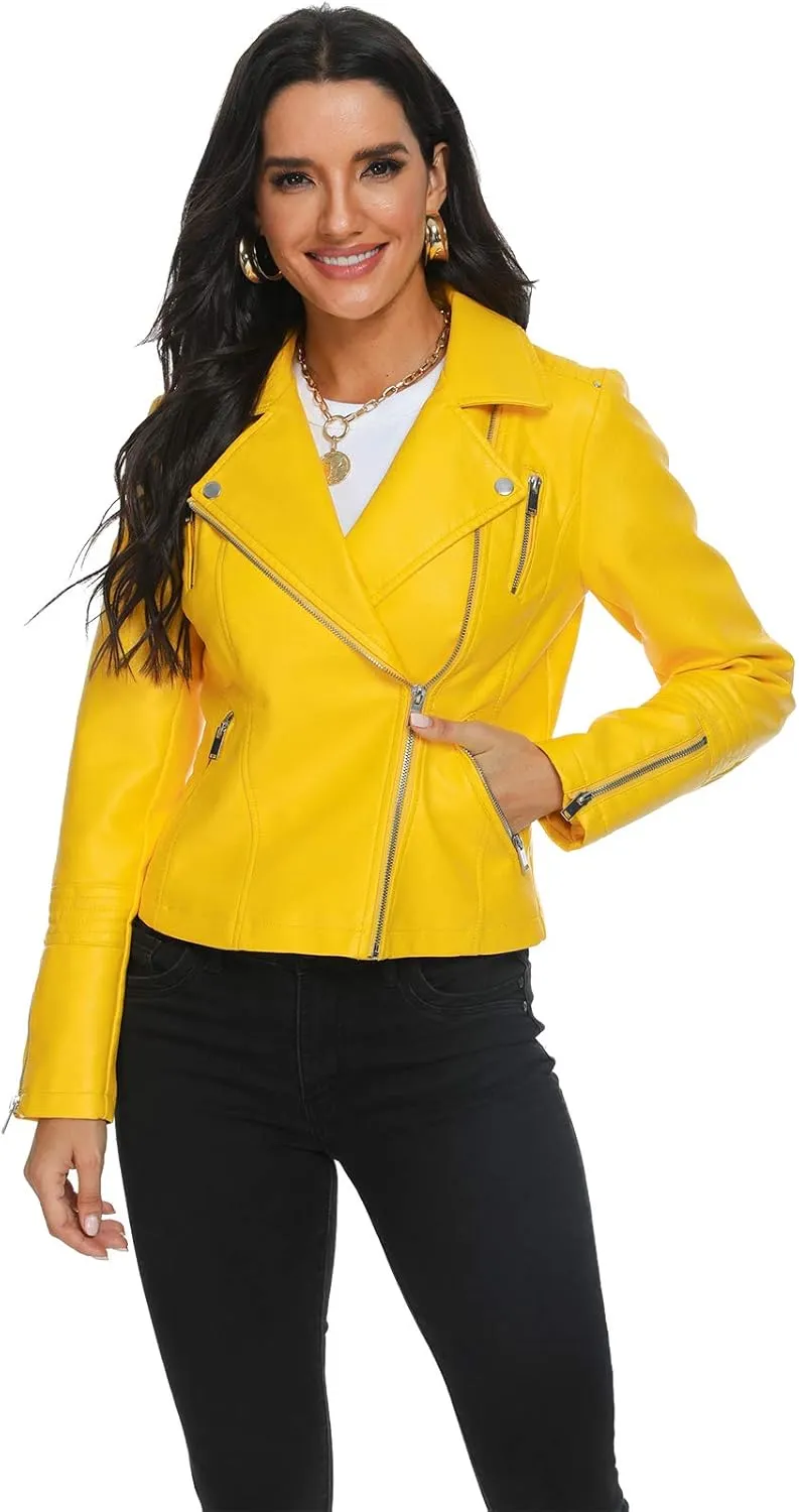Fahsyee Faux Leather Jacket for Women, Vegan Jackets Moto Biker Motocycle Coat