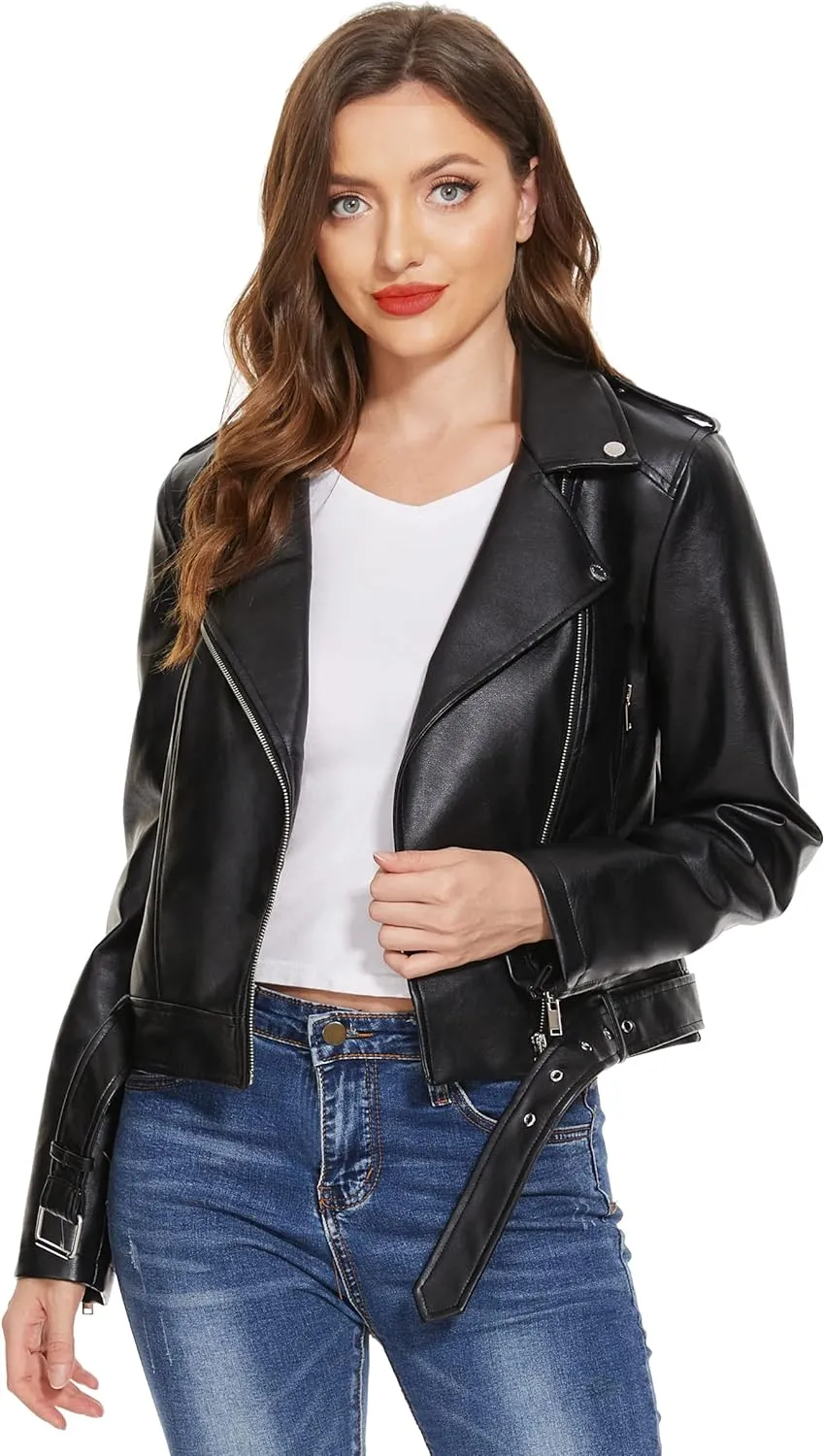 Fahsyee Faux Leather Jacket for Women, Vegan Jackets Moto Biker Motocycle Coat