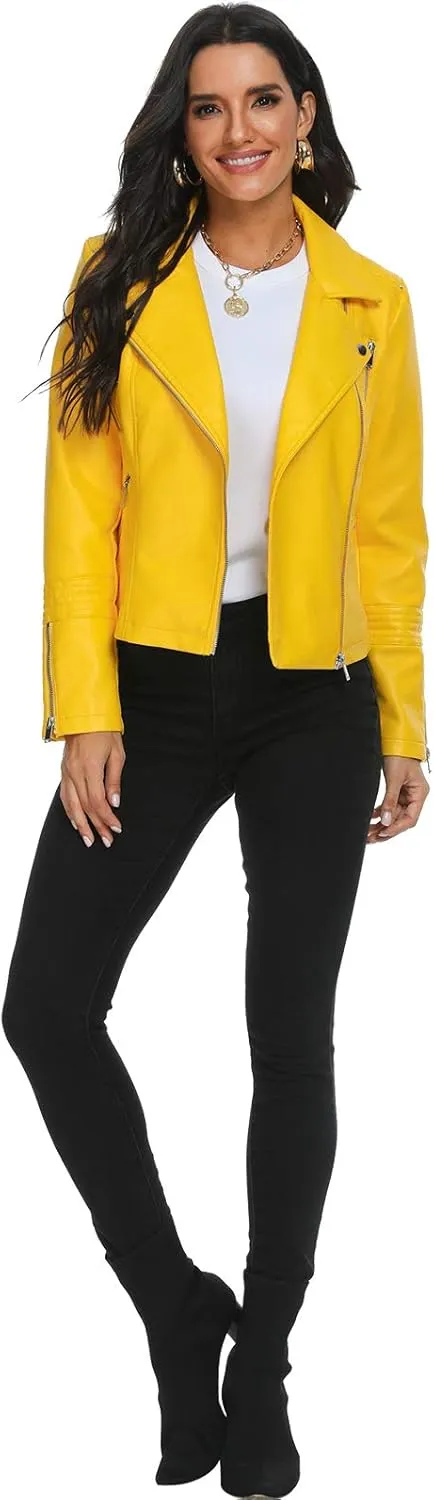 Fahsyee Faux Leather Jacket for Women, Vegan Jackets Moto Biker Motocycle Coat