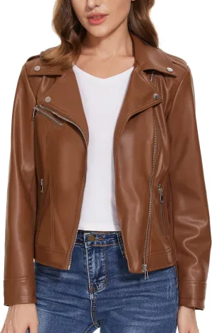 Fahsyee Women's Faux Leather Jackets, Zip Up Motorcycle Elastic Sleeve Short PU Moto Biker Outwear Fitted Coat Brown S