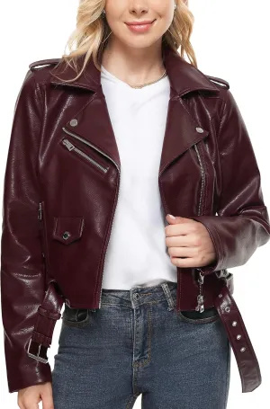 Fahsyee Women's Patent Leather Jackets, Red Faux Motorcycle Plus Size Moto Biker Coat Short Lightweight Vegan Fashion S