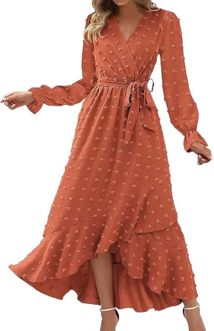 Fall Long Sleeve Maxi Dresses for Women 024 Casual Crew Neck Swiss Dot Tiered Flowy A Line Wedding Guest Dress
