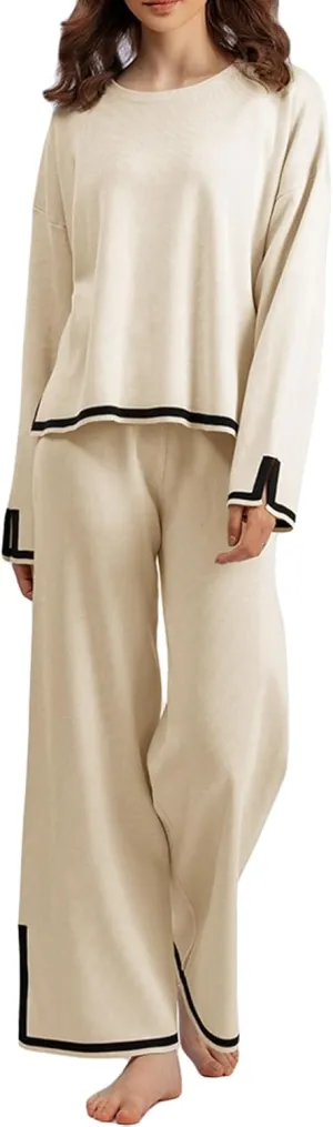 Faretumiya 2 Piece Sweater Outfit Women Long/Short Sleeve Knit Loose Pullover Tops Wide Leg Pants Lounge Set Tracksuits