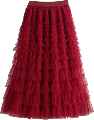 Fashion Mesh Skirt Women High Waist A-Line Gauze Spliced Solid Color Loose Skirts