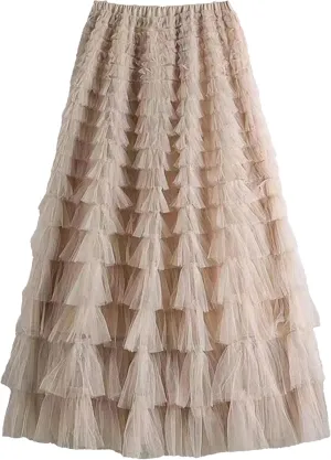 Fashion Mesh Skirt Women High Waist A-Line Gauze Spliced Solid Color Loose Skirts