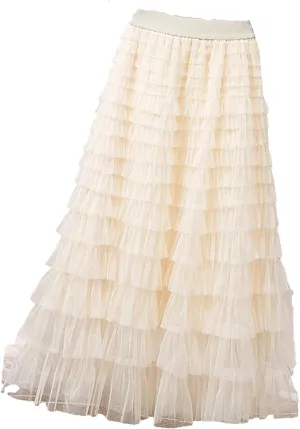 Fashion Mesh Skirt Women High Waist A-Line Gauze Spliced Solid Color Loose Skirts