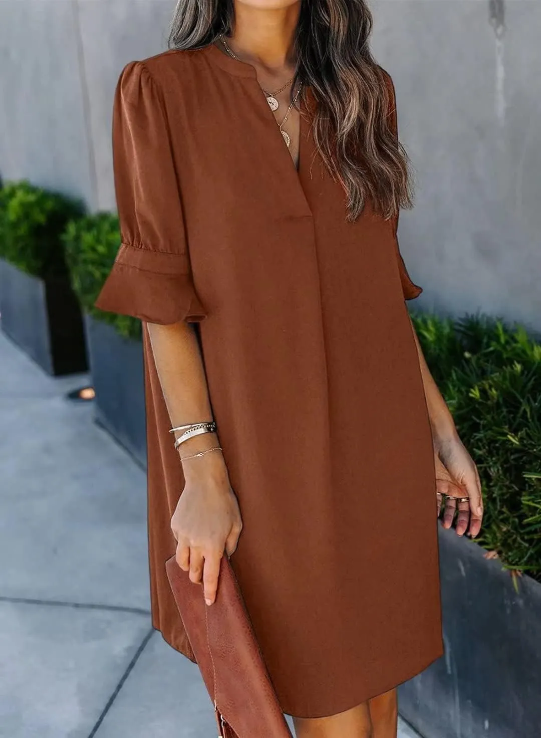 FEKOAFE Dresses Summer 2023 Dress for Women V Neck Ruffle Short Sleeves Solid Color Casual Dresses