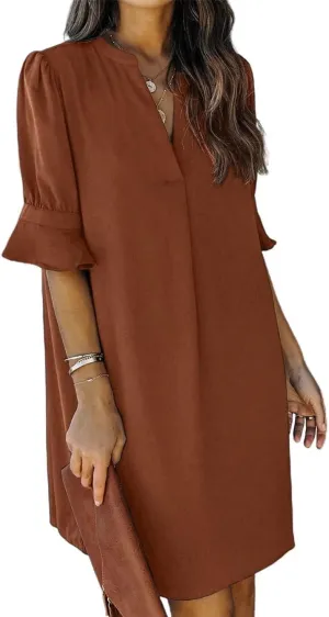 FEKOAFE Dresses Summer 2023 Dress for Women V Neck Ruffle Short Sleeves Solid Color Casual Dresses