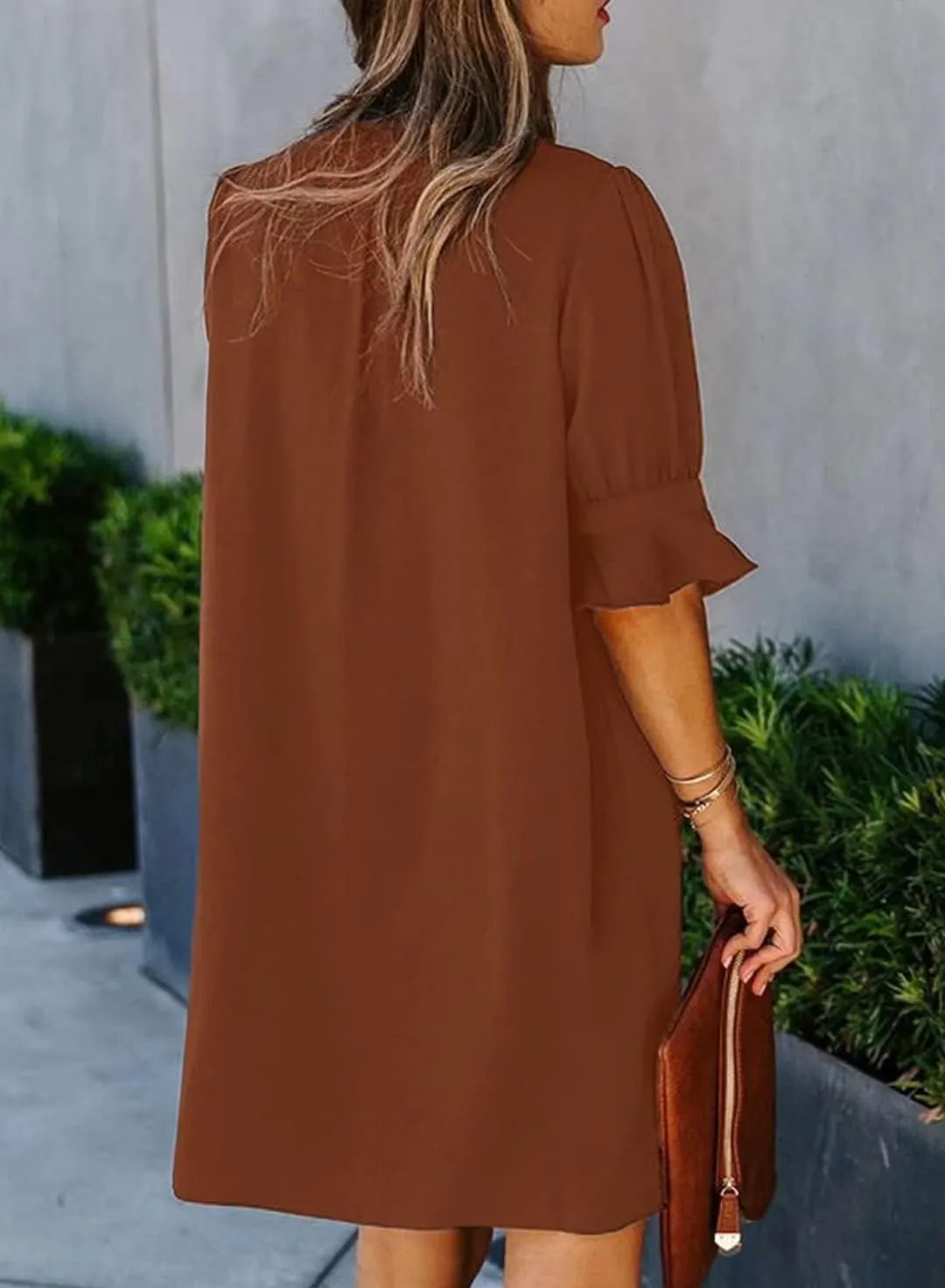 FEKOAFE Dresses Summer 2023 Dress for Women V Neck Ruffle Short Sleeves Solid Color Casual Dresses