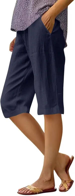 Finelylove Linen Shorts for Women Knee Lenght Lightweight Summer Bermuda Shorts Casual Summer Beach Shorts Boho Capri Pants