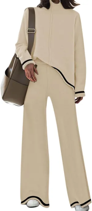 Fixmatti 2 Piece Lounge Sets for Women Long Sleeve Knit Sweater Top and Wide Leg Pant Set Sweatsuit