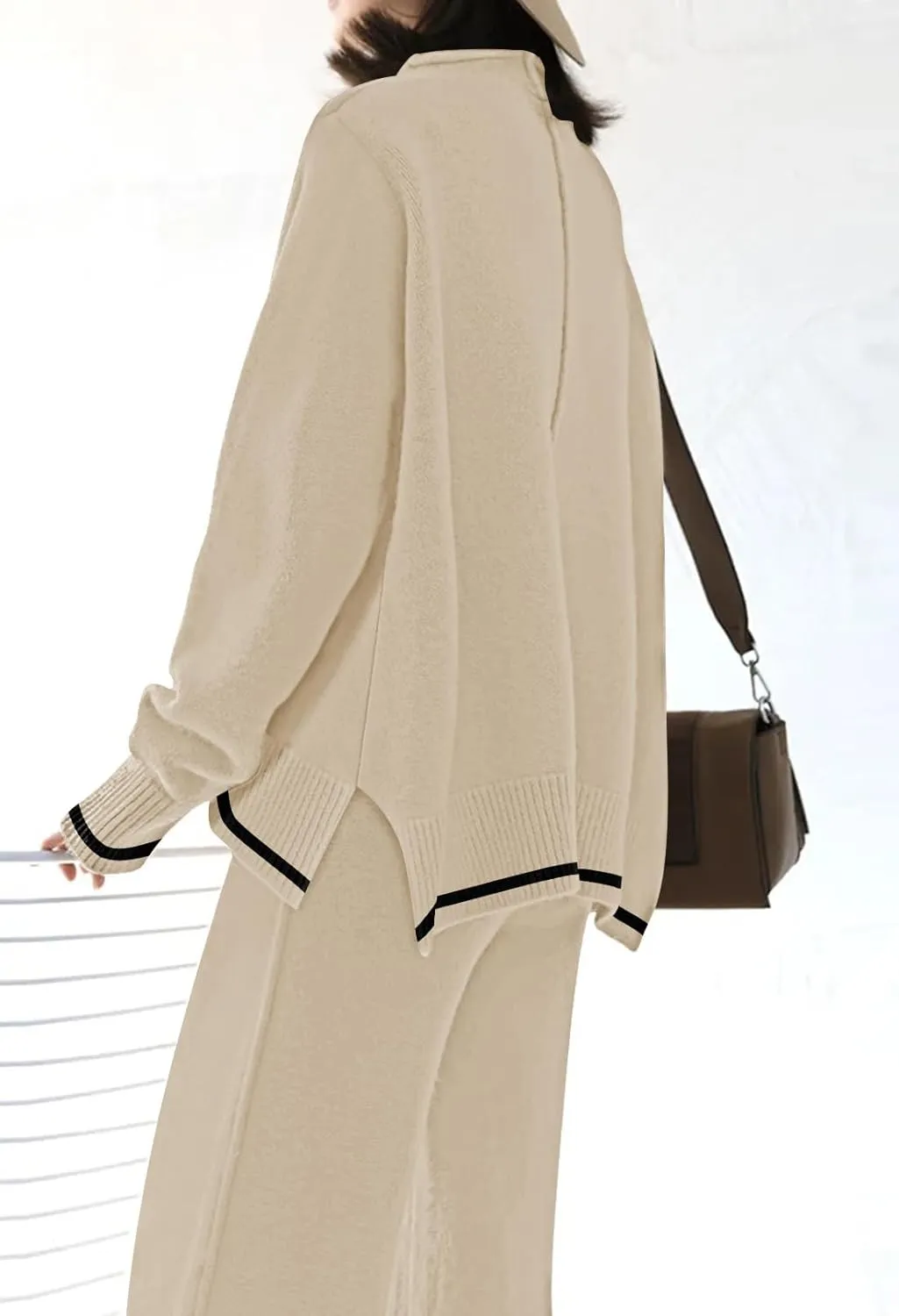 Fixmatti 2 Piece Lounge Sets for Women Long Sleeve Knit Sweater Top and Wide Leg Pant Set Sweatsuit
