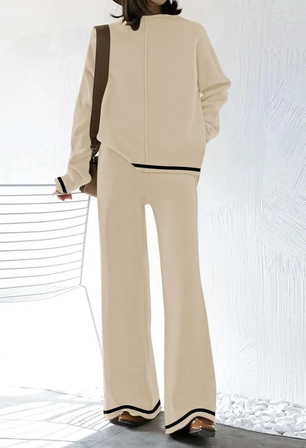 Fixmatti 2 Piece Lounge Sets for Women Long Sleeve Knit Sweater Top and Wide Leg Pant Set Sweatsuit