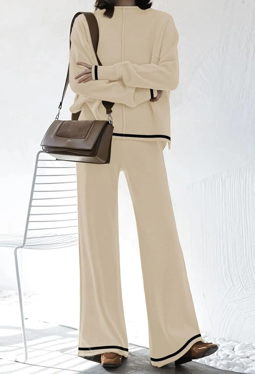 Fixmatti 2 Piece Lounge Sets for Women Long Sleeve Knit Sweater Top and Wide Leg Pant Set Sweatsuit