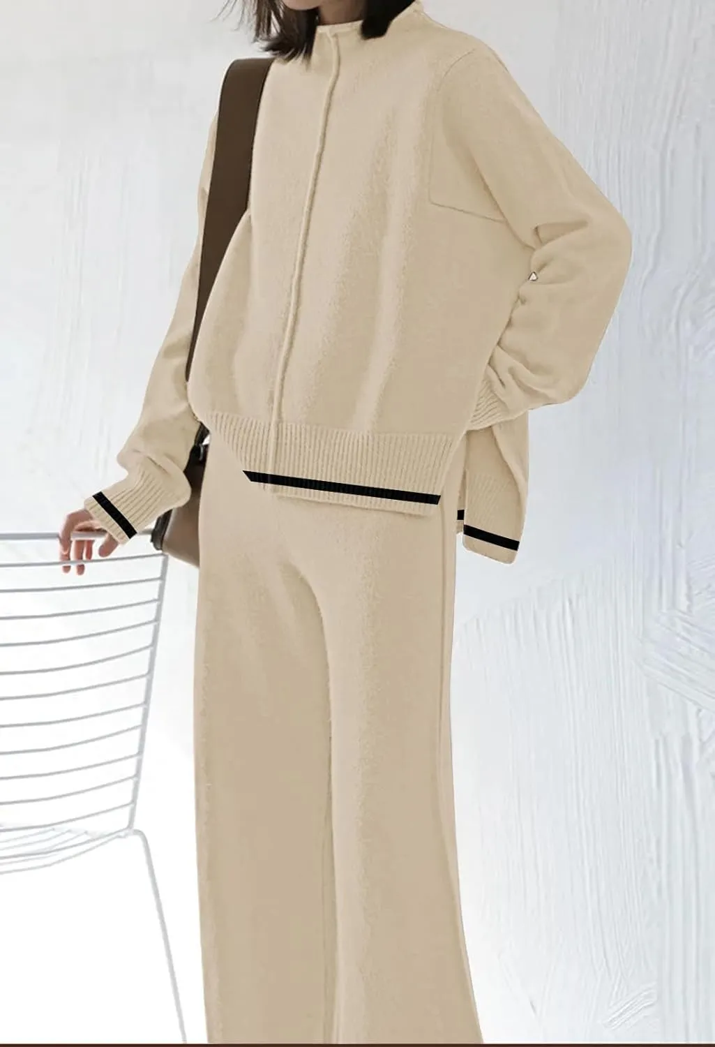 Fixmatti 2 Piece Lounge Sets for Women Long Sleeve Knit Sweater Top and Wide Leg Pant Set Sweatsuit