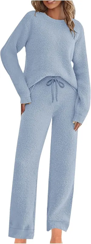 Fleece Lounge Sets for Women Sweatsuits 2 Piece Outfit Warm Winter Pajamas Set Long Sleeve Tops with Pants