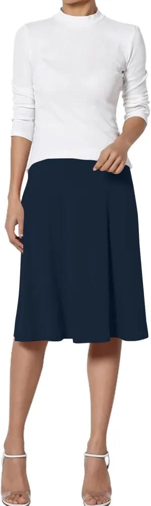 FlekmanArt Women's Basic Midi Skirt Versatile Stretchy Flared Summer Casual High Waisted Skirt Pleated A-Line Skirts