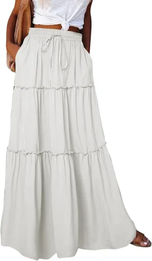 FlekmanArt Women's Summer Boho Maxi Skirt A-Line Flowy Ruffle Tiered Elastic High Waist Beach Pleated Long Skirts with Pocket