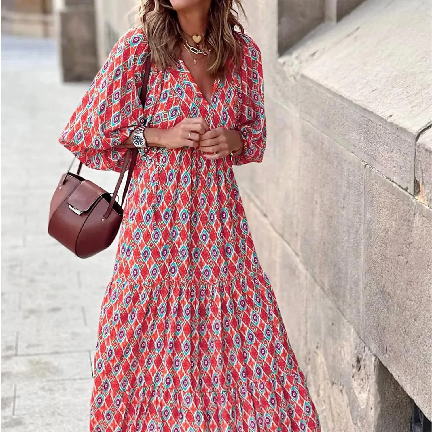 Floral Dress for Women Casual V Neck Empire Waist Boho Maxi Dress Puff Sleeve Flowy Smocked Beach Dress Summer Dress