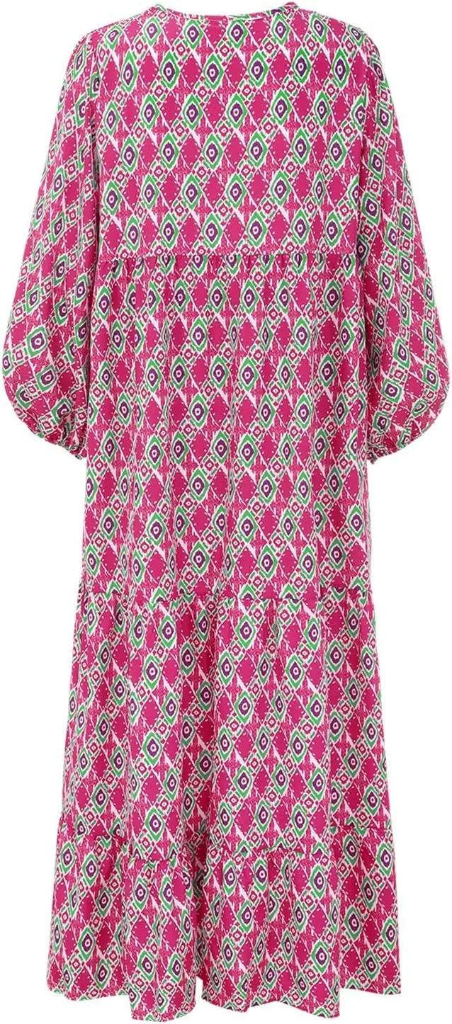 Floral Dress for Women Casual V Neck Empire Waist Boho Maxi Dress Puff Sleeve Flowy Smocked Beach Dress Summer Dress