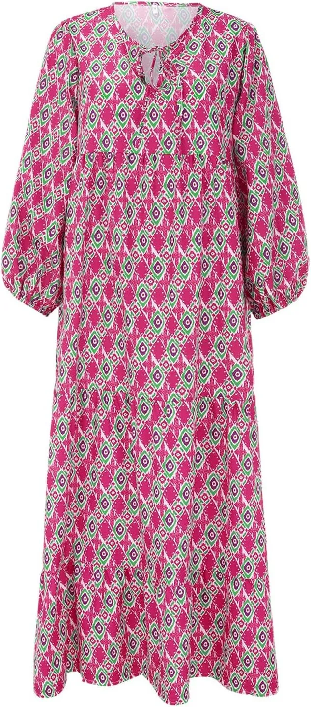 Floral Dress for Women Casual V Neck Empire Waist Boho Maxi Dress Puff Sleeve Flowy Smocked Beach Dress Summer Dress