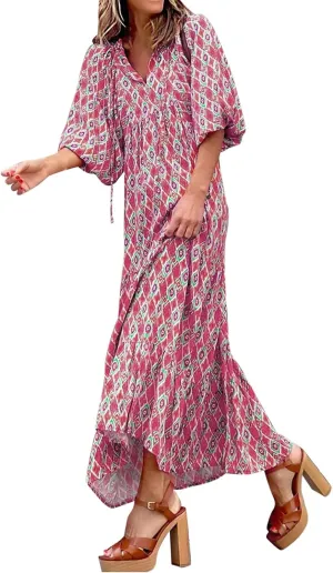 Floral Dress for Women Casual V Neck Empire Waist Boho Maxi Dress Puff Sleeve Flowy Smocked Beach Dress Summer Dress