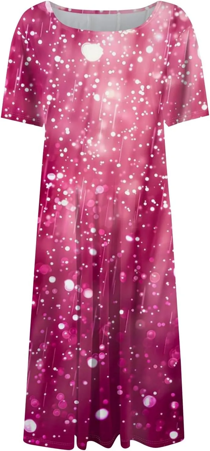 Floral Dress for Women Short Sleeve Summer A Line Dresses Smocked Casual Dresses Crew Neck Midi Dress with Pockets