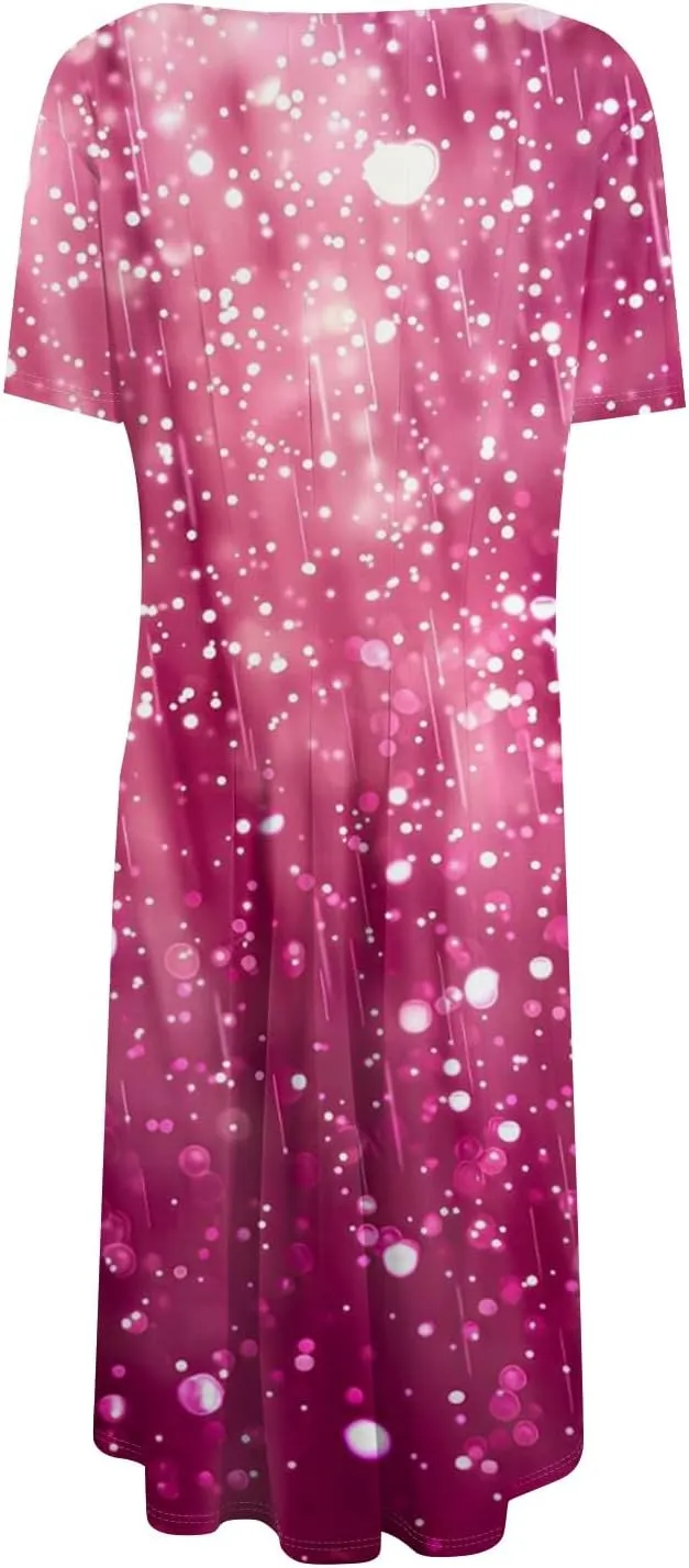 Floral Dress for Women Short Sleeve Summer A Line Dresses Smocked Casual Dresses Crew Neck Midi Dress with Pockets