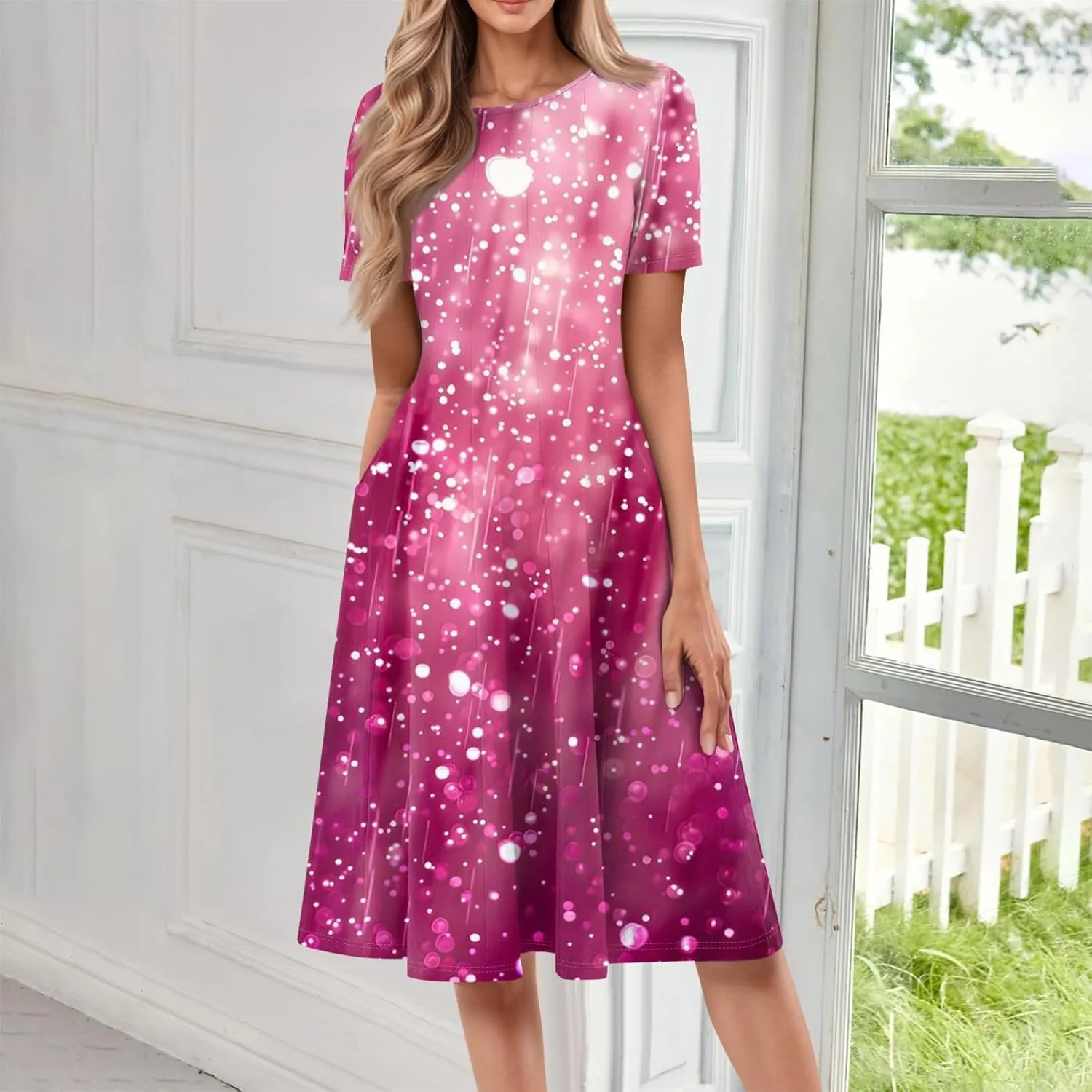 Floral Dress for Women Short Sleeve Summer A Line Dresses Smocked Casual Dresses Crew Neck Midi Dress with Pockets