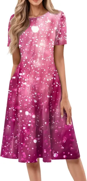 Floral Dress for Women Short Sleeve Summer A Line Dresses Smocked Casual Dresses Crew Neck Midi Dress with Pockets