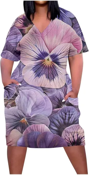 Floral Dress for Women Short Sleeve V Neck Casual Dress Plus Size Summer Dress Shift Spring Midi Dress Spring Dress