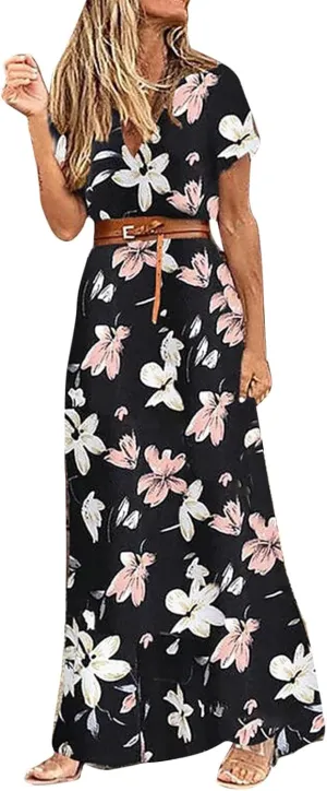 Floral Long Dress Sleeveless Split Hem Drawstring Casual Dress with belt Cold Shoulder Women Pattern Print Slim Shift Dress Black