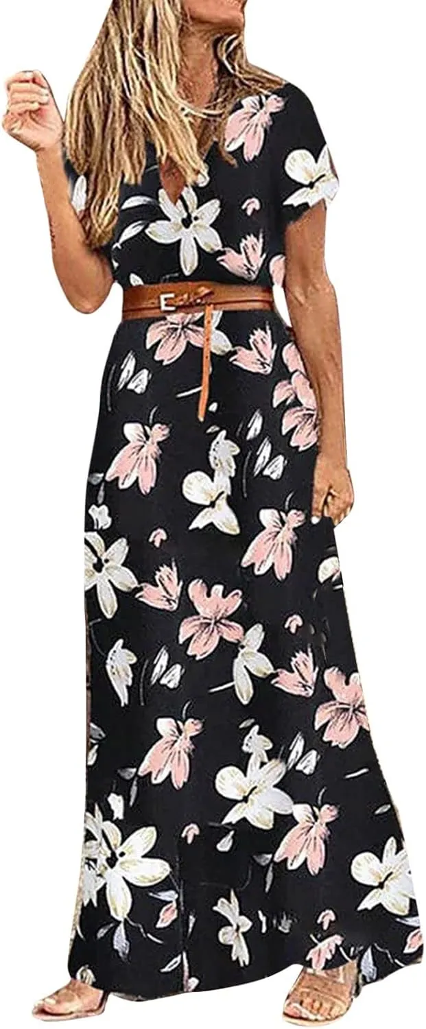 Floral Long Dress Sleeveless Split Hem Drawstring Casual Dress with belt Cold Shoulder Women Pattern Print Slim Shift Dress Black