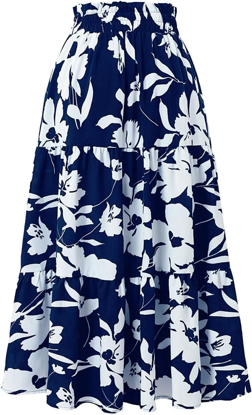 Floral Long Skirts for Women Summer Boho Beach Flowy Maxi Skirts Drawstring High Waisted Tiered Pleated A Line Skirt