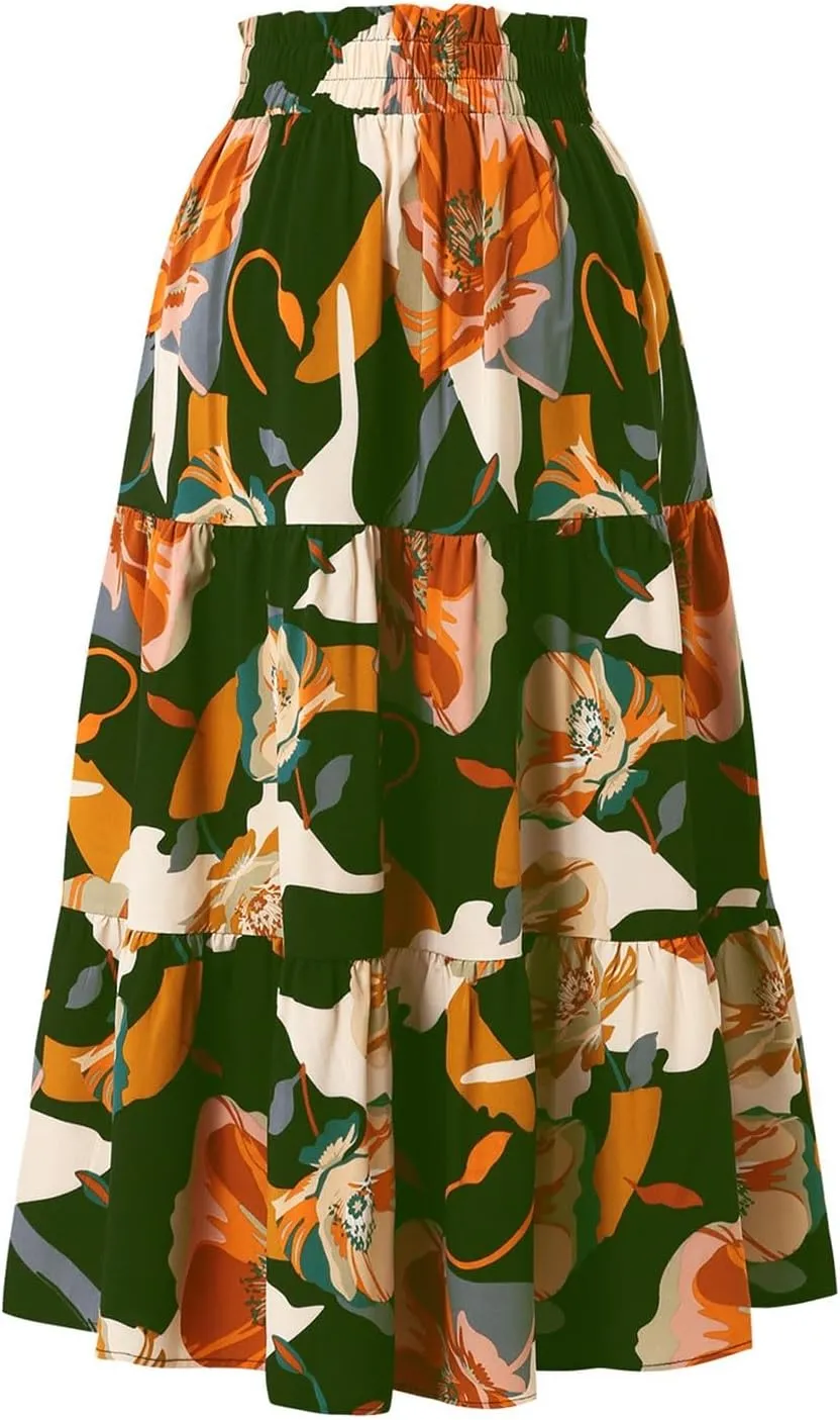 Floral Long Skirts for Women Summer Boho Beach Flowy Maxi Skirts Drawstring High Waisted Tiered Pleated A Line Skirt