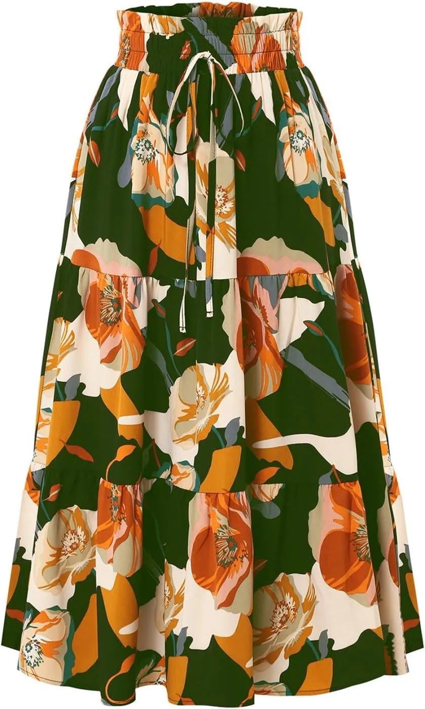 Floral Long Skirts for Women Summer Boho Beach Flowy Maxi Skirts Drawstring High Waisted Tiered Pleated A Line Skirt