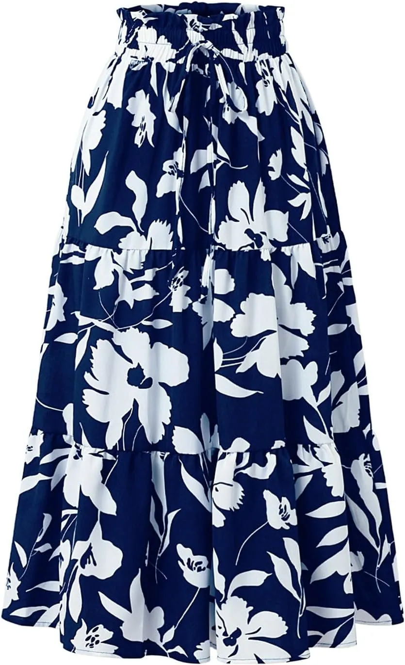 Floral Long Skirts for Women Summer Boho Beach Flowy Maxi Skirts Drawstring High Waisted Tiered Pleated A Line Skirt