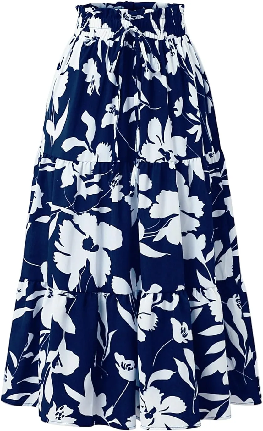 Floral Long Skirts for Women Summer Boho Beach Flowy Maxi Skirts Drawstring High Waisted Tiered Pleated A Line Skirt
