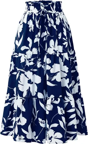 Floral Long Skirts for Women Summer Boho Beach Flowy Maxi Skirts Drawstring High Waisted Tiered Pleated A Line Skirt