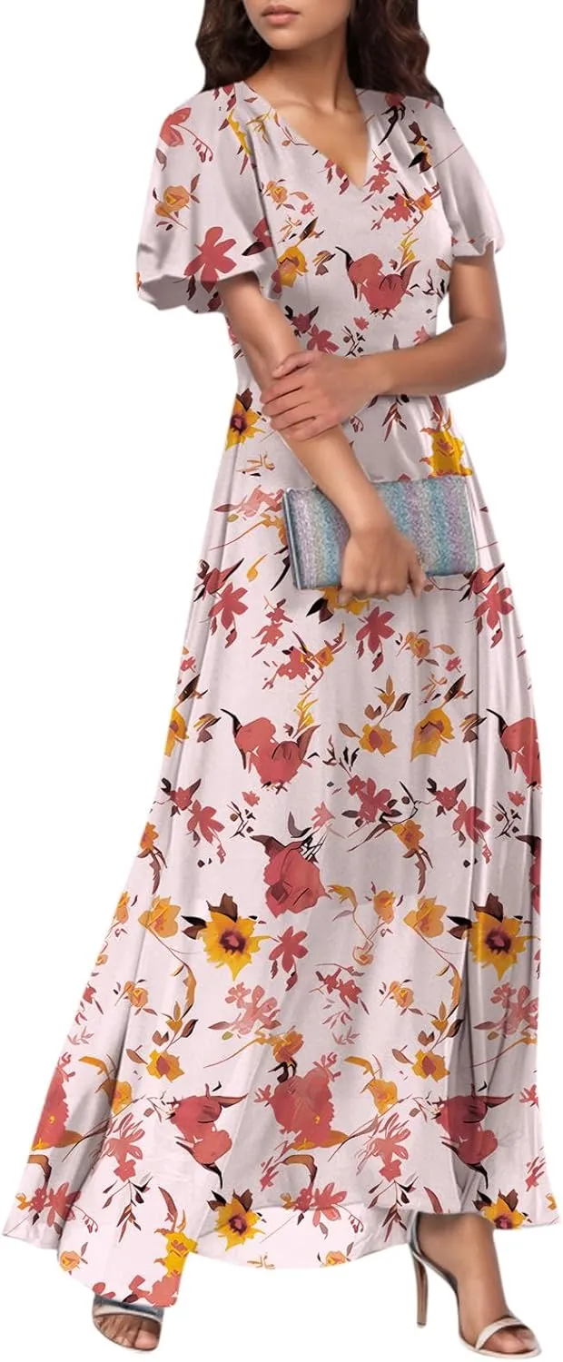 Floral Maxi Dresses for Women 2025 Summer Long Chiffon Elegant Flowy Dresses Spring Casual Wedding Guest Dress
