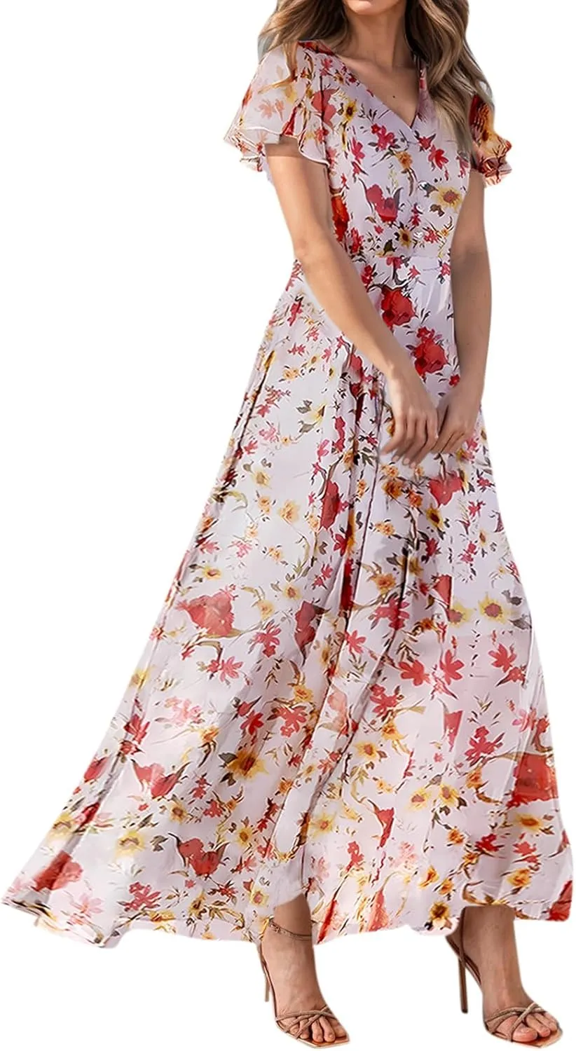 Floral Maxi Dresses for Women 2025 Summer Long Chiffon Elegant Flowy Dresses Spring Casual Wedding Guest Dress