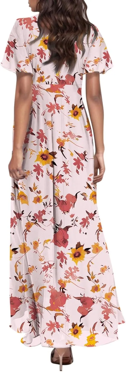 Floral Maxi Dresses for Women 2025 Summer Long Chiffon Elegant Flowy Dresses Spring Casual Wedding Guest Dress