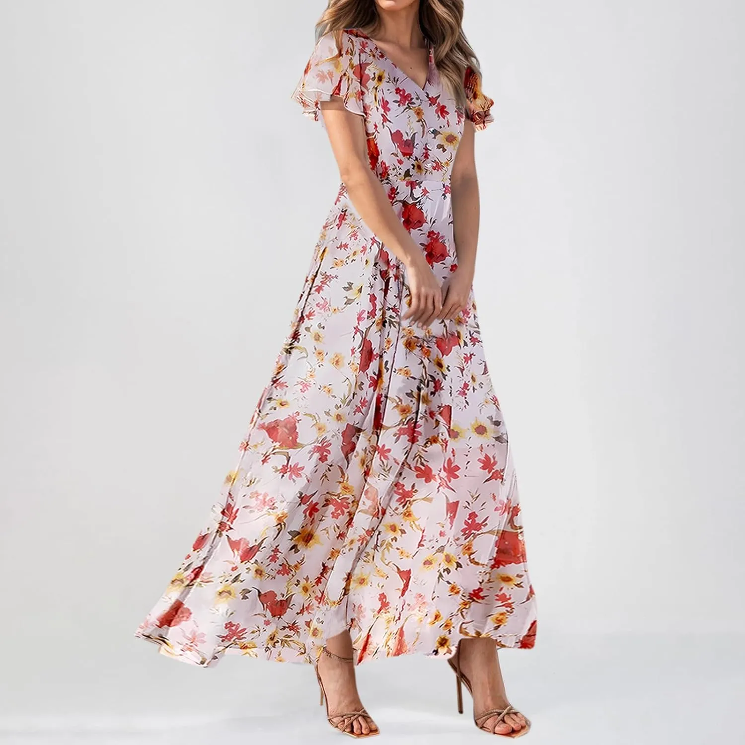Floral Maxi Dresses for Women 2025 Summer Long Chiffon Elegant Flowy Dresses Spring Casual Wedding Guest Dress
