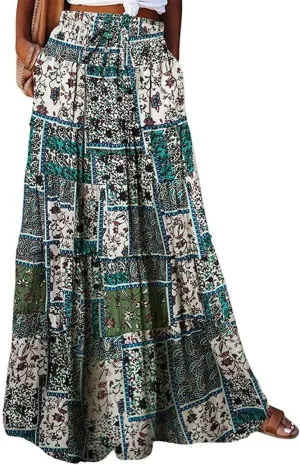 Floral Maxi Skirts for Women 2025 High Waist Pleated A-Line Long Summer Skirt