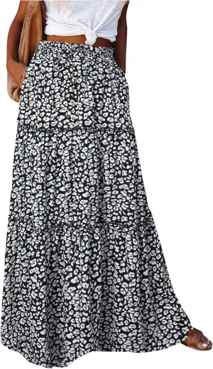Floral Maxi Skirts for Women Trendy Summer Elastic High Waisted Long Skirts Tiered Flowy Swing A Line Skirt w/Pockets