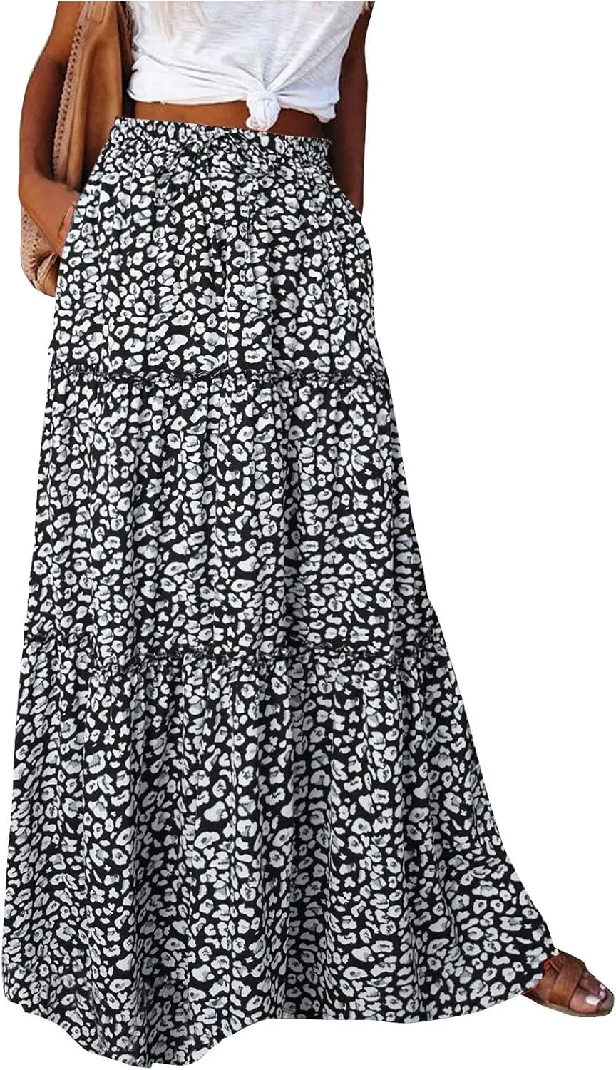 Floral Maxi Skirts for Women Trendy Summer Elastic High Waisted Long Skirts Tiered Flowy Swing A Line Skirt w/Pockets