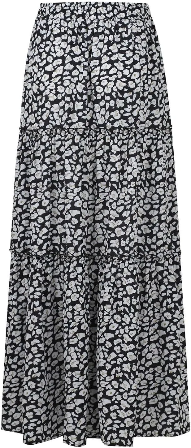 Floral Maxi Skirts for Women Trendy Summer Elastic High Waisted Long Skirts Tiered Flowy Swing A Line Skirt w/Pockets