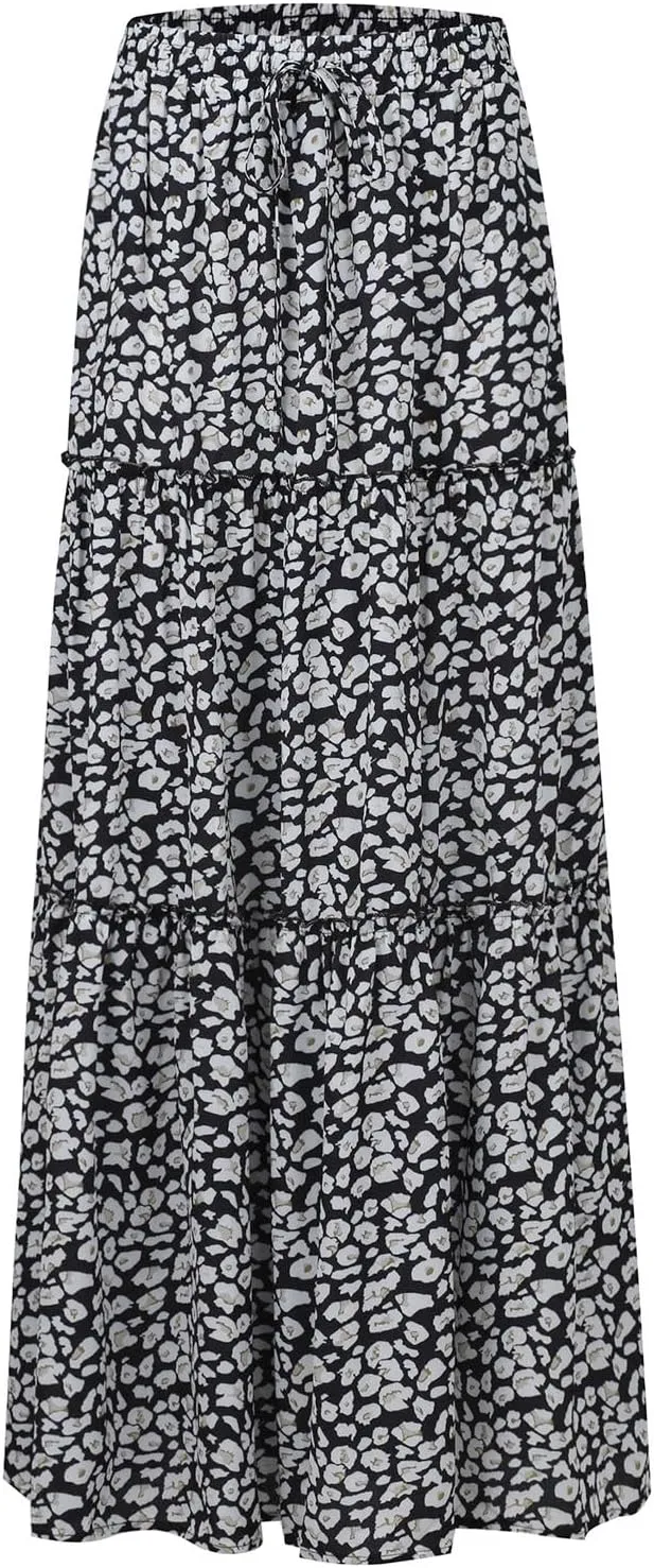 Floral Maxi Skirts for Women Trendy Summer Elastic High Waisted Long Skirts Tiered Flowy Swing A Line Skirt w/Pockets