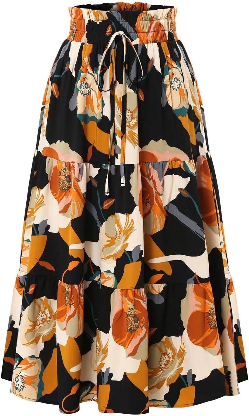 Floral Pleated Skirts for Women Drawstring High Waist Boho Maxi Skirts Summer Flowy Tiered Pleated Beach A Line Skirt