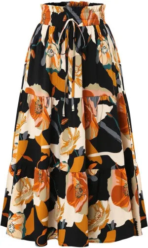 Floral Pleated Skirts for Women Drawstring High Waist Boho Maxi Skirts Summer Flowy Tiered Pleated Beach A Line Skirt